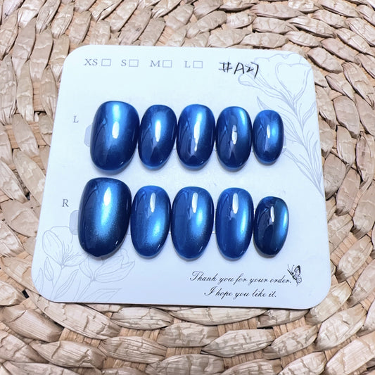 #A27 手作り ネイルチップ 単カラー ブルー キャットアイ 高品質 可愛い ウェアラブルネイルチップ